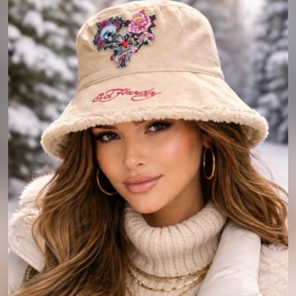 Ed Hardy Tan Bucket Hat with Sherpa And Embroidery